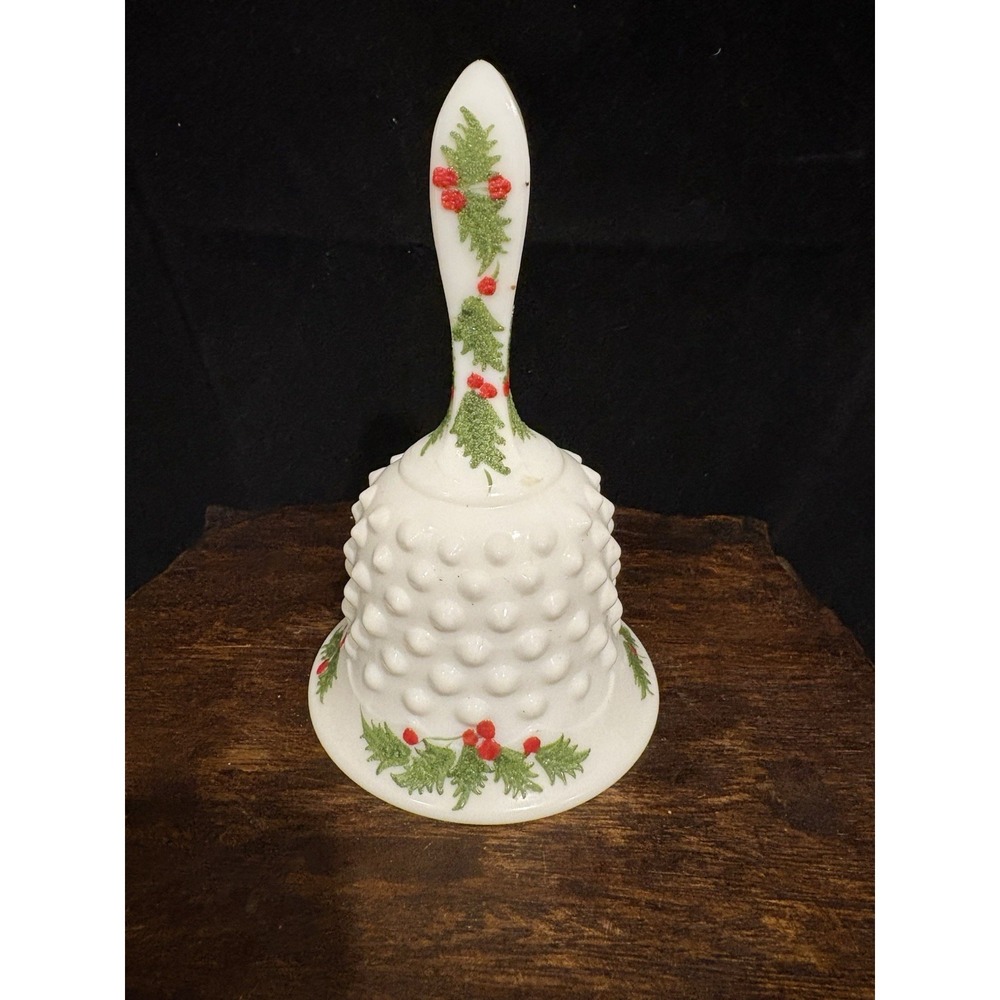 Fenton Christmas Bell Hand Painted Sparkly Holly Berries Milk Glass Hobnail